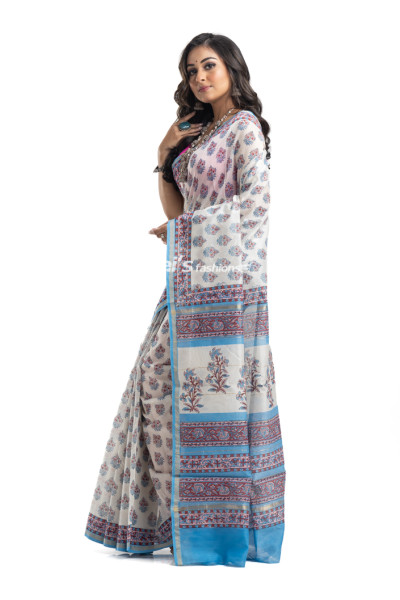 Chanderi Silk Saree With All Over Floral Printed And Golden Zari Border (KR2204)